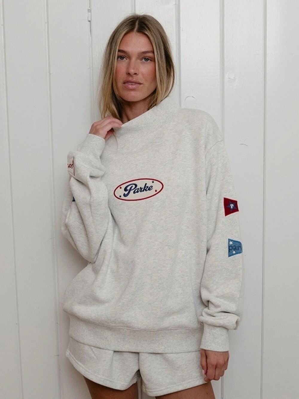 NEW PARKE HERITAGE FLAGSHIP MOCKNECK IN HEATHER GREY PATCH SIZE L/XL